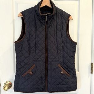 Weatherproof Navy Quilted Vest with Faux Fur Lining and Brown Suede Trim – Large